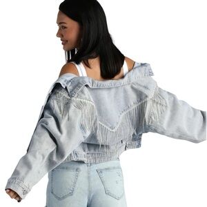 WINDSOR Glam Light Wash Denim Jacket with Rhinetone Fringe ~Vintage 80s style
